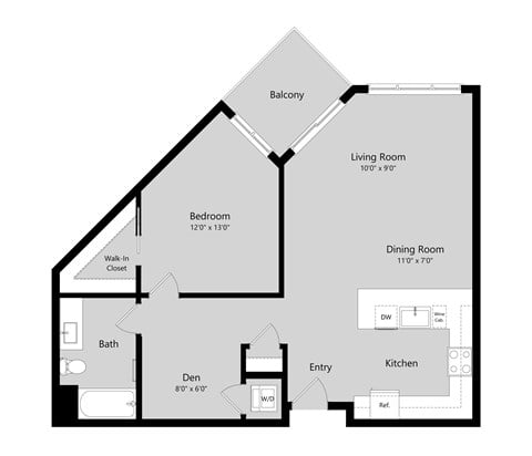Floor plan for 1 bed, 1 bath, 906 sqft